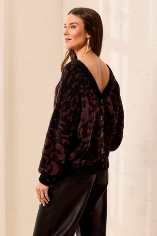Wear Two Ways Textured V-Neck Button At Back Knit Sweater-Saddlebrown