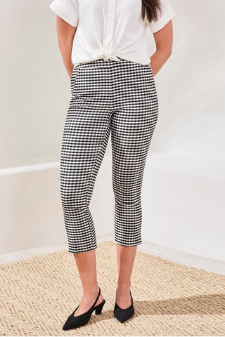 Gingham Bengaline Side Slit Capri Pants-Black