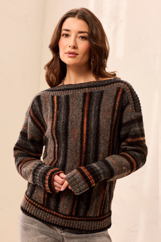 Yarn Dye Boat Neck Long Sleeve Sweater-M steel